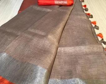 100% Pure Linen Saree Linen By Linen Sari Pure Handloom Saree for Festive Wedding Sari Women Clothing Indian Sari Gifts Made in india Fabric
