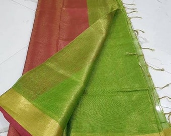 100% Pure Tissue Linen Saree Linen By Linen Sari Pure Handloom Saree for Festive Wedding Women Clothing Indian Gifts Made in india Fabric