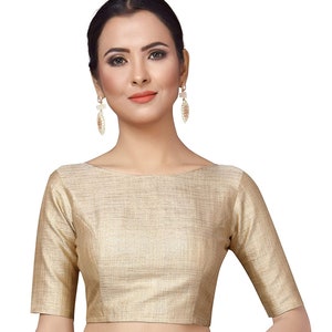 Golden Boat Neck Saree Blouse Readymade Bride Designer Saree  Blouse Women Poly Silk Sar Choli Indian Wedding Wear Fabric Craft Tunic Top