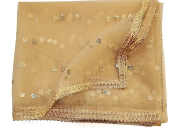 Women Net Embroidered Golden Dupatta 42" x 2.50 Meters Designer Long Net Bridal Sequin Work Dupatta Stole Veil Stole Hijab Sarong Bridesmaid