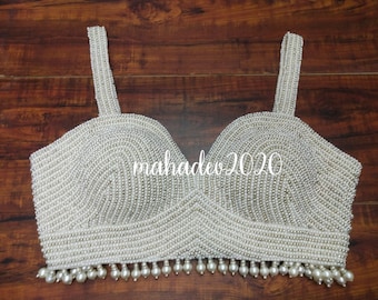 White Readymade Heavy Pearl Beaded Blouse Designer Saree blouse Cocktail Party Wedding Indian Bridal Sari Choli Crop Top Skirt Bridesmaid