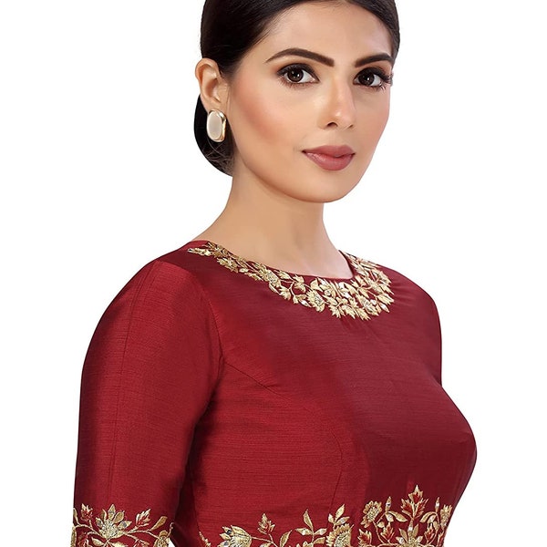 Maroon Women's Boatneck Blouse Poly Silk Embroidered Saree Blouse Readymade Sari Choli Indian Wedding Wear Bridesmaid Craft Tunic Crop Top