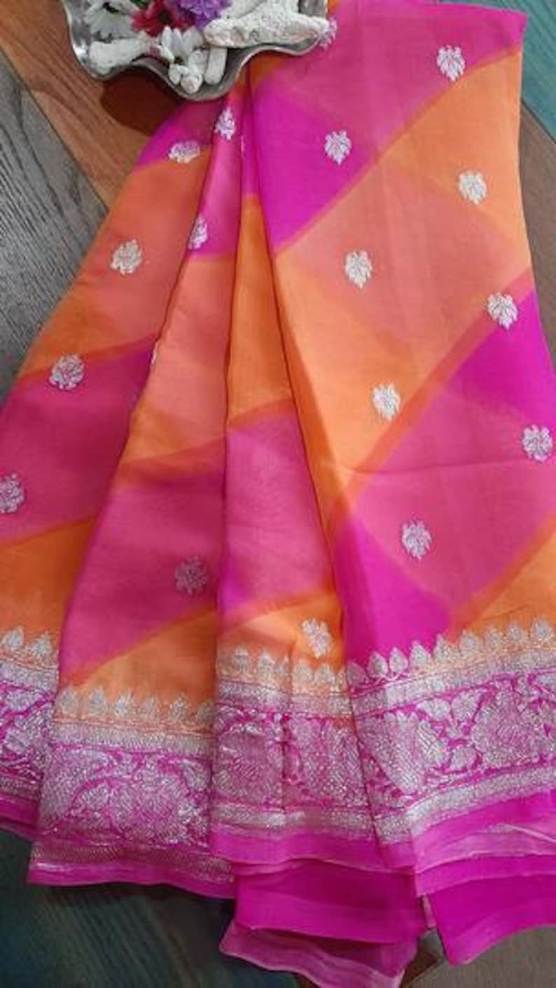 Double Shade Durga Puja Zari Work Pure Chiffon Banarasi Silk Handwoven Saree Designer Weaving Fabric Sari Women With Running Blouse Pece