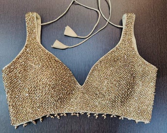Golden Readymade Heavy Beaded Blouse Designer Saree blouse Cocktail Party Wedding Indian Bridal Sari Choli Crop Top Skirts Bridesmaid Blouse