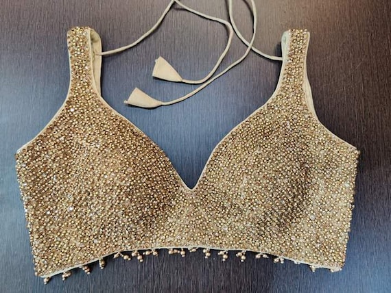 Golden Readymade Heavy Beaded Blouse Designer Saree blouse Cocktail Party Wedding Indian Bridal Sari Choli Crop Top Skirts Bridesmaid Blouse