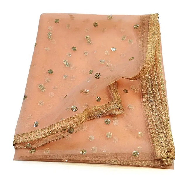 Women Net Embroidered peach Dupatta 42" x 2.50 Meters Designer Long Net Bridal Sequin Work Dupatta Stole Veil Stole Hijab Sarong Bridesmaid