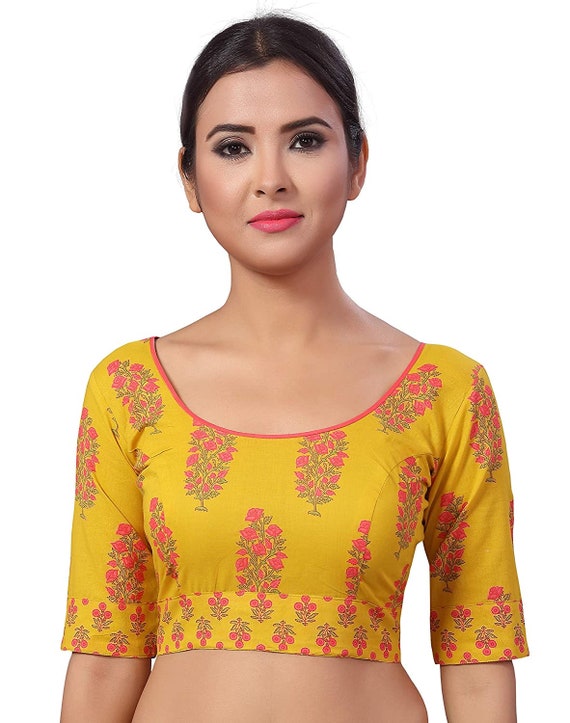 Yellow Block Printed Cotton Saree Blouse Elbow Length Sleeve - Etsy
