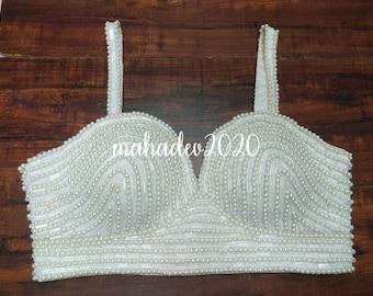 White Readymade Heavy Pearl Beaded Blouse Designer Saree blouse Cocktail Party Wedding Indian Bridal Sari Choli Crop Top Skirt Bridesmaid