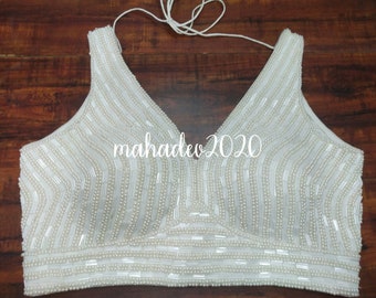 White Readymade Heavy Pearl Beaded Blouse Designer Saree blouse Cocktail Party Wedding Indian Bridal Sari Choli Crop Top Skirt Bridesmaid