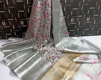Silver Tissue Saree Banarasi Silk Saree With Big Kanchi Border Saree Wedding Wear Girlish Bridal Sari Gift Indian Festive Running Blouse