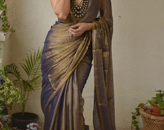 Tissue Saree Pure Linen Saree Indian Women's  Handloom Saree for Festive Wedding Sari Women Clothing Indian Sari Gifts Made in india Fabric