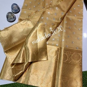 Golden Tissue Saree Banarasi Silk Saree With Big Kanchi Border Saree Wedding Wear Girlish Bridal Sari Gift Indian Festive Running Blouse