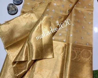 Golden Tissue Saree Banarasi Silk Saree With Big Kanchi Border Saree Wedding Wear Girlish Bridal Sari Gift Indian Festive Running Blouse