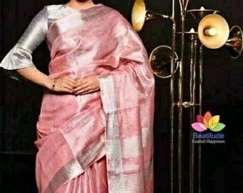 100% Pure Tissue Linen Saree Linen By Linen Sari Pure Handloom Saree for Festive Wedding Women Clothing Indian Gifts Made in india Fabric