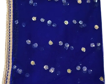 Women Net Embroidered Royal Blue Dupatta 42" x 2.50 Meters Designer Long Bridal Sequin Work Dupatta Stole Veil Stole Hijab Sarong Bridesmaid