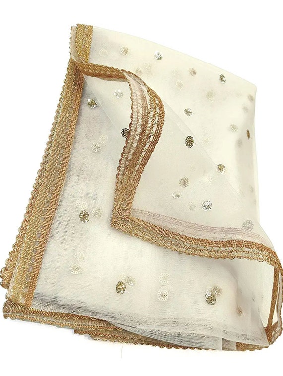 Women Net Embroidered White Dupatta 42" x 2.50 Meters Designer Long Net Bridal Sequin Work Dupatta Stole Veil Stole Hijab Sarong Bridesmaid