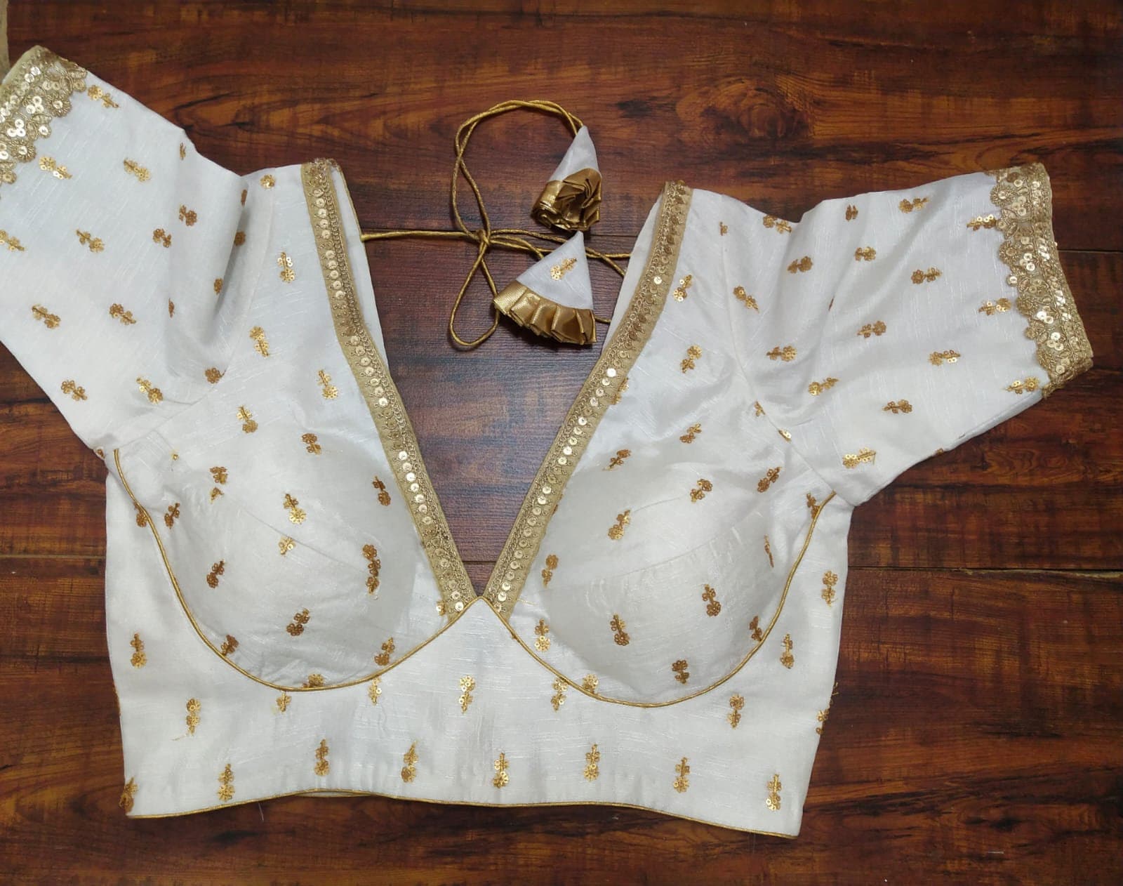 Designer Wedding Wear Katori Cut Blouse - Antique Gold Sequin