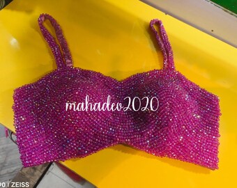 Pink pearl Heavy Beaded Blouse Designer Saree blouse Cocktail Party Wedding Indian Bridal Sari Choli Crop Top Skirts Bridesmaid Blouse