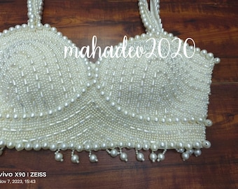 White pearl Heavy Beaded Blouse Designer Saree blouse Cocktail Party Wedding Indian Bridal Sari Choli Crop Top Skirts Bridesmaid Blouse