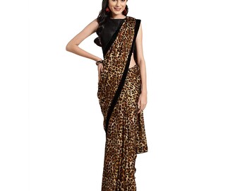 Animal Print Damen Crepe Saree Bluse Tiger Print Weicher Saree Designer Bluse Stoff Sari Damen Kleidung Indische Braut Brautjungfer Hochzeit