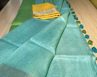 100% Pure Linen Saree Linen By Linen Sari Pure Handloom Saree for Festive Wedding Sari Women Clothing Indian Sari Gifts Made in india Fabric
