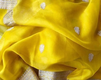 Gelbe Handloom pure Khadi Chiffon Georgette Seide Sarees Braut Geschenk festliche tragen Hochzeit Sari mit ungenäht laufen Bluse Brautjungfer Top