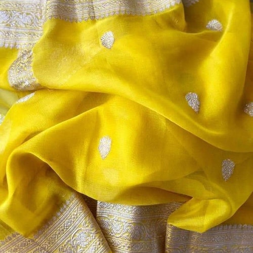 Yellow Handloom Pure Khadi Chiffon Georgette Silk Sarees | Etsy
