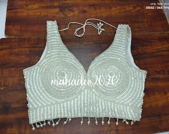 White pearl Heavy Beaded Blouse Designer Saree blouse Cocktail Party Wedding Indian Bridal Sari Choli Crop Top Skirts Bridesmaid Blouse