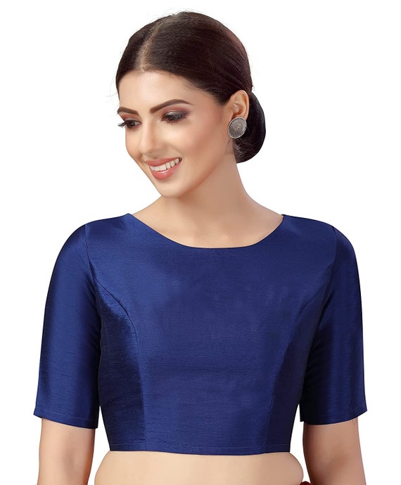 Navy Blue Boatneck Blouse Solid Readymade Saree Blouse Designer Blouse Women Silk Sari Choli Indian Wedding Wear Fabric Festive Tunic Top