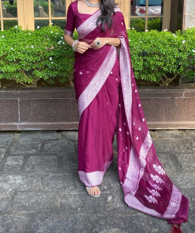 khadi Chiffon Durga Puja Zari Work Pure Chiffon Banarasi Silk Handwoven Saree Designer Weaving Fabric Sari Women With Running Blouse Pece