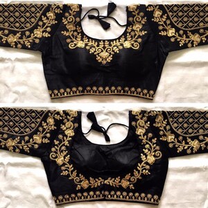 Black Readymade Blouse Bride Designer Saree Blouse Floral Embroidered Women Poly Silk Sari Choli Indian Wedding Wear Fabric Craft Tunic Top