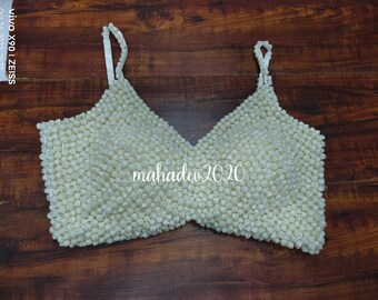 White pearl Heavy Beaded Blouse Designer Saree blouse Cocktail Party Wedding Indian Bridal Sari Choli Crop Top Skirts Bridesmaid Blouse