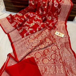 Bridal Red Handloom Banarasi Pure khadi Georgette Silk Saree Zari Work Indian clothing Blouse wedding  Traditional Party Wear Saree Women