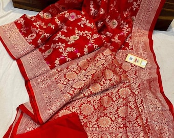 Bridal Red Handloom Banarasi Pure khadi Georgette Silk Saree Zari Work Indian clothing Blouse wedding  Traditional Party Wear Saree Women