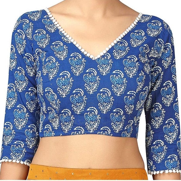 Indigo Imprimé Chemisier Bleu Coton Saree Blouse V cou Readymade Cousu Blouse Indien Choli Mariage Porter Tunique Top Cadeaux Mariée Indigo