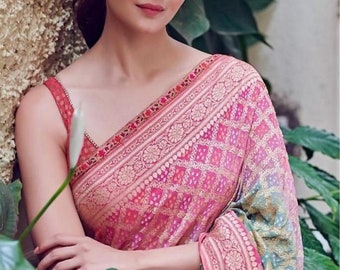 Double Shade Durga Puja Zari Work Pure georgette Banarasi Silk Handwoven Saree Designer Weaving Fabric Sari Women With Running Blouse Pece