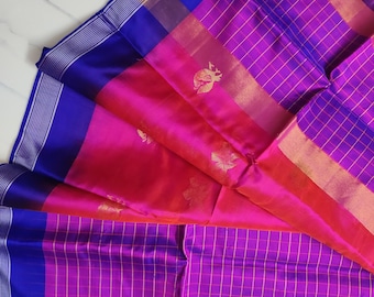 Pure Uppada Pattu Silk Saree Big Checks Saree Pure Handloom Pattu Saree pour mariage festif Vêtements pour femmes Cadeaux indiens Fabriqué en tissu indien