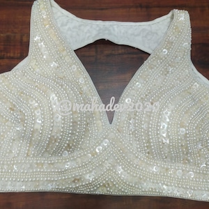 White Readymade Heavy Pearl Beaded Blouse Designer Saree blouse Cocktail Party Wedding Indian Bridal Sari Choli Crop Top Skirt Bridesmaid