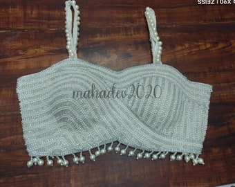 New Arrival White Readymade Heavy Beaded Blouse Designer Saree blouse Cocktail Party Wedding Bridal Sari Choli Crop Top Bridesmaid Blouse