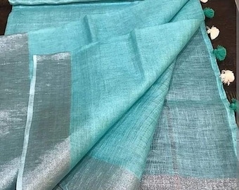 100% Pure Linen Saree Linen By Linen Sari Pure Handloom Saree for Festive Wedding Sari Women Clothing Indian Sari Gifts Made in india Fabric