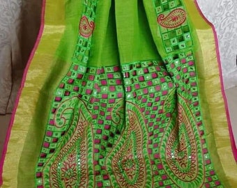 Pure Linen Saree Linen Cutwork Saree Mirror Work Pure Handloom Saree Festive Wedding Women Clothing Indian Gifts Designer saree with blouse