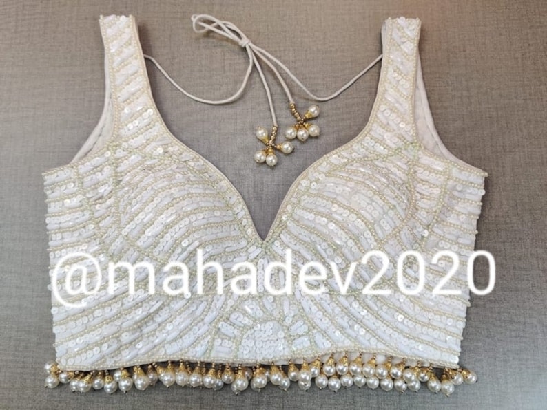 Blanc Readymade Heavy Beaded Blouse Designer Saree blouse Cocktail Party Mariage Indien Nupti Sari Choli Crop Top Jupes Demoiselle dhonneur Blouse image 1