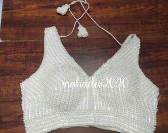 White Readymade Heavy Beaded Blouse Designer Saree blouse Cocktail Party Wedding Indian Bridal Sari Choli Crop Top Skirts Bridesmaid Blouse