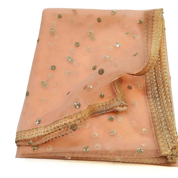 Women Net Embroidered Peach Dupatta 42" x 2.50 Meters Designer Long Net Bridal Sequins Work Dupatta Stole Veil Stole Hijab Sarong Bridesmaid