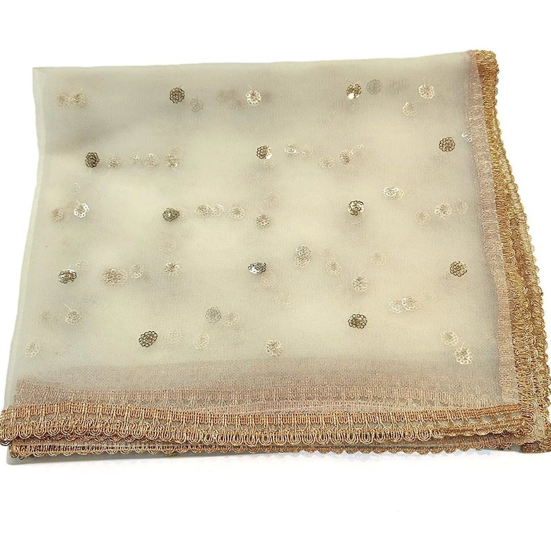 May include: A sheer white scarf with gold sequins and a gold embroidered border.