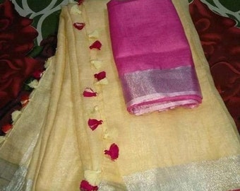 100% Pure Linen Saree Linen By Linen Sari Pure Handloom Saree for Festive Wedding Sari Women Clothing Indian Sari Gifts Made in india Fabric