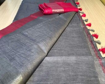 100% Pure Linen Saree Linen By Linen Sari Pure Handloom Saree for Festive Wedding Sari Women Clothing Indian Sari Gifts Made in india Fabric