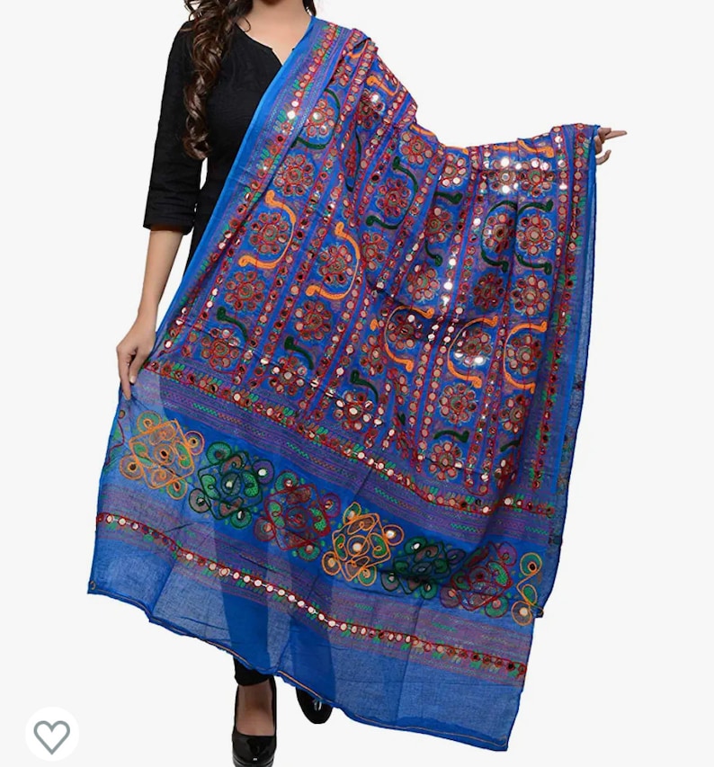 May include: A blue embroidered shawl with colorful thread and mirror embellishments. The shawl has a floral pattern and is made of a lightweight fabric.