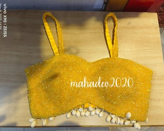 Yellow bridal haldi wear blouse pearl Heavy Beaded Blouse Designer Saree blouse Cocktail Party Wedding Sari Choli Crop Top Skirts Bridesmaid