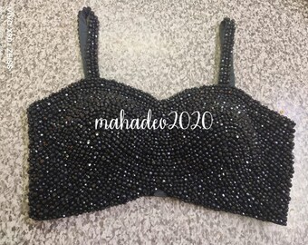 Black Party wear Top Heavy Beaded Blouse Designer Saree blouse Cocktail Wedding Indian Bridal Sari Choli Crop Top Skirts Bridesmaid Blouse